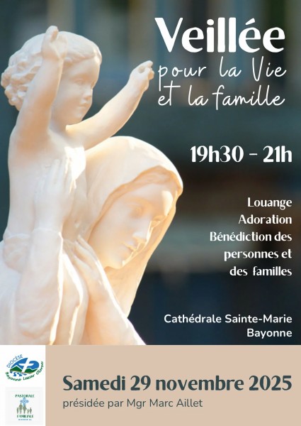 Affiche annonçant la veillée pour la vie. Une statue de la Vierge à l'enfant en illustration