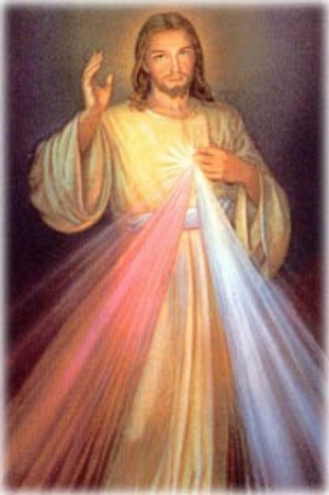 tableau de la divine misericorde demandé par sainte Faustine. Jésus montre son coeur. Un flux en dessent en forme triangulaire, avec les couleurs de l'arc en ciel