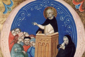 Saint Thomas d'Aquin, en habit de frère dominicain, prèche à la sorbonne au XIII° siècle