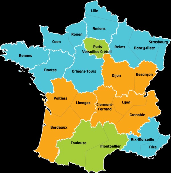 carte de France avec les zones de vacances scolaires