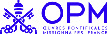 logo des Œuvres Pontificales Missionnaires. Les armes du Vatican, la tiarre et les clés de saint Pierre accompagnées du nom de l'institution