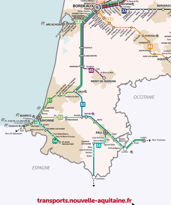 Plan du réseau ferré du sud-ouest